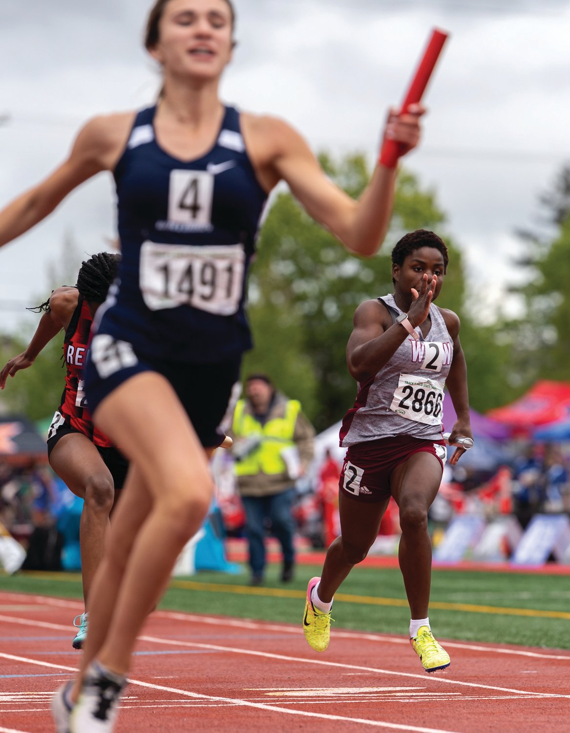 W.F. West's Hodaya Starr races to the fnish as the anchor leg of the 2A Girls 4x100 Prelim at the 4A/3A/2A State Track and Field Championships on Friday, May 27, 2022, at Mount Tahoma High School in Tacoma. (Joshua Hart/For The Chronicle)